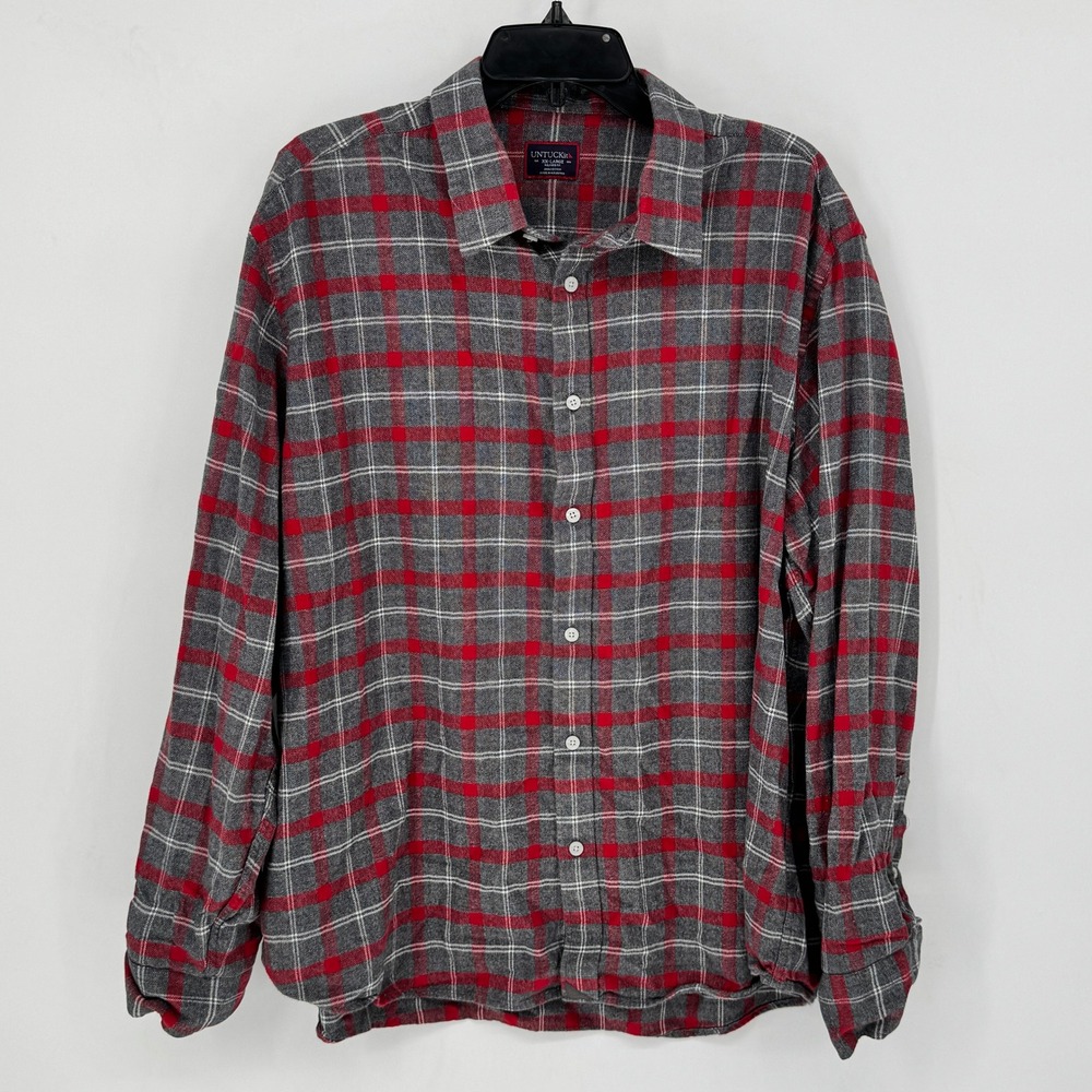 UNTUCKit Jaxon Mens XXL Relaxed Fit Grey Red Plaid Cotton Flannel Shirt 40338